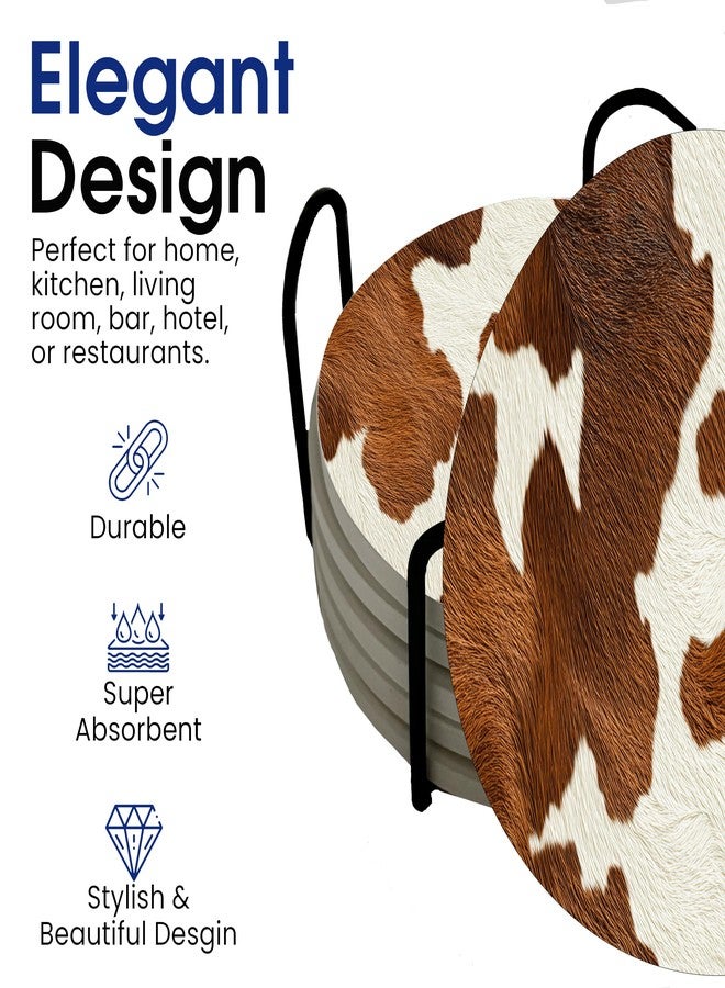 DAJDC Cow Print Brown White Country Farm Round Coasters Set of 6 - Abosrbent Ceramic with Metal Stand for Drinks, Coffee, Non-Slip Cork Back (Brown) - Image 5